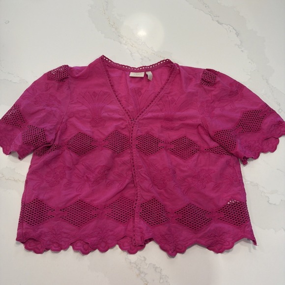 LOGO by Lori Goldstein Tops - LOGO by Lori Goldstein Blouse Women Medium Pink Excellent Eyelet V-Neck Lavish